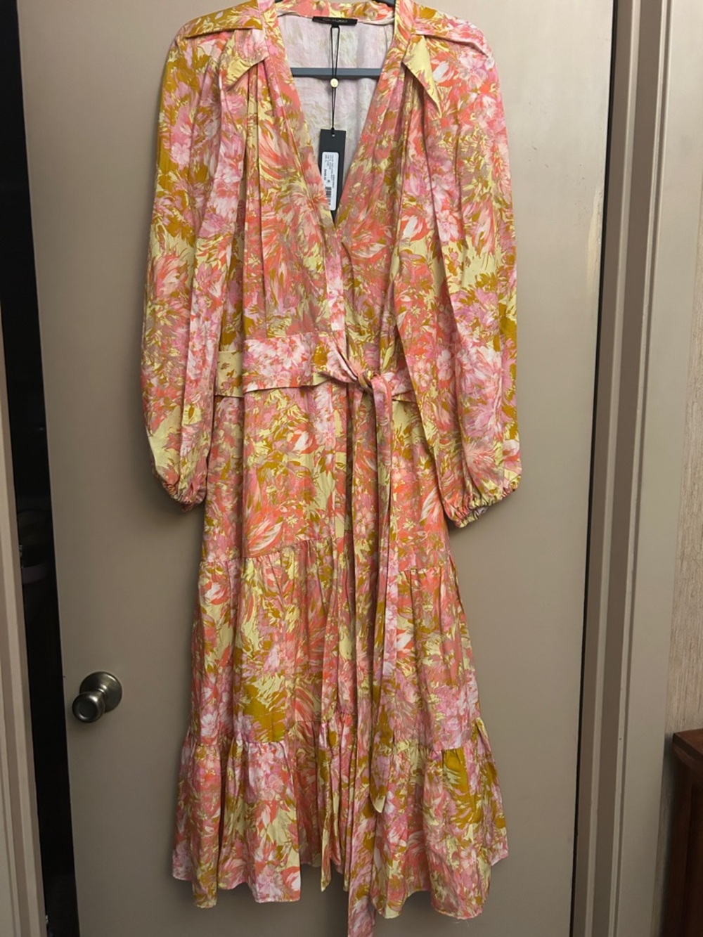 Kobi Halperin Pink and Mustard Floral Tie-Waist Long Sleeve Dress (name brand)